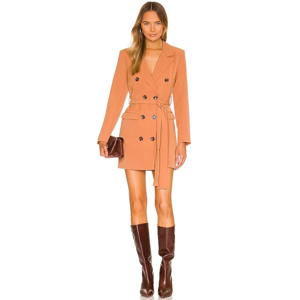 New Lovers + Friends Diana Shirt Dress Belted Caramel Small Tan Mini Blazer